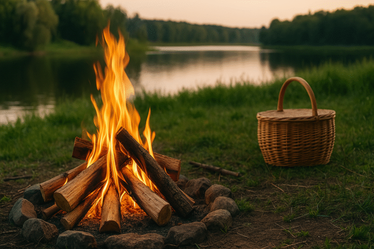 Glowing bonfire surrounded by picnic food and a scenic summer setting